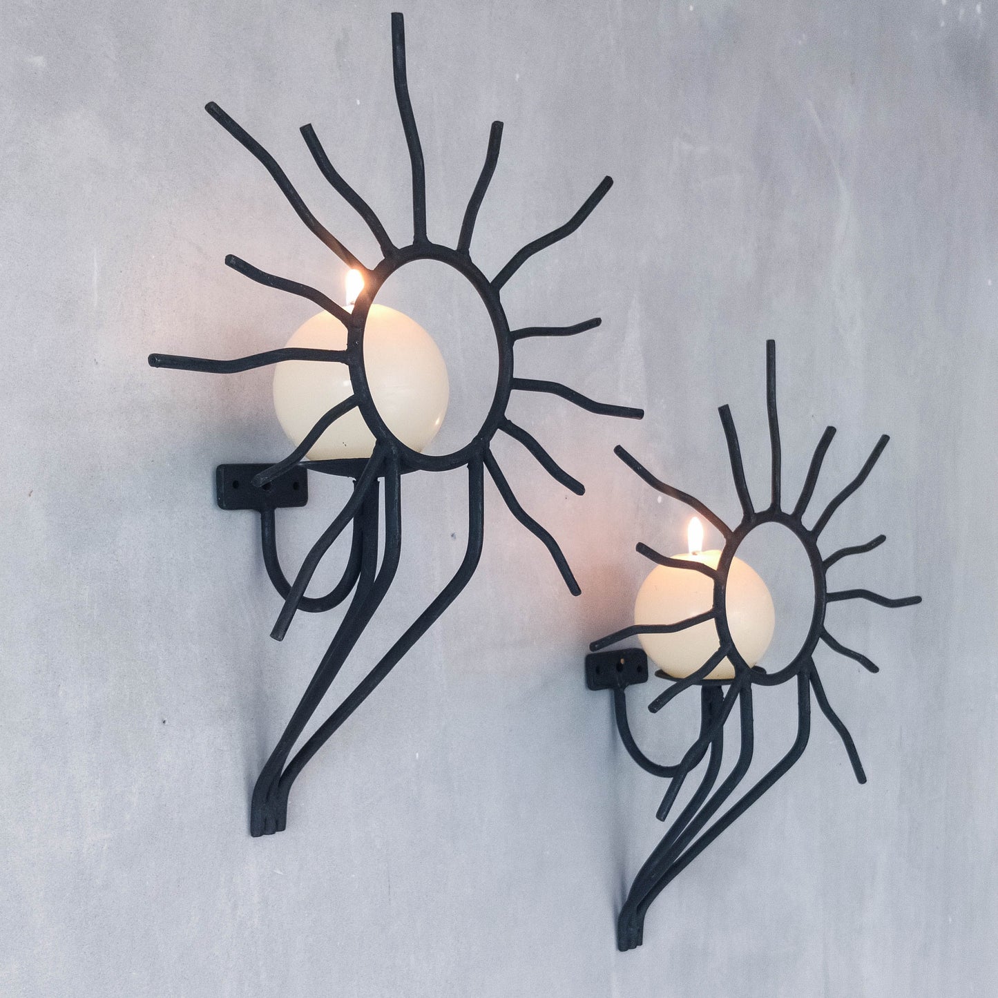 Pair of vintage black welded steel sun candle wall sconces Andre Dubreuil style