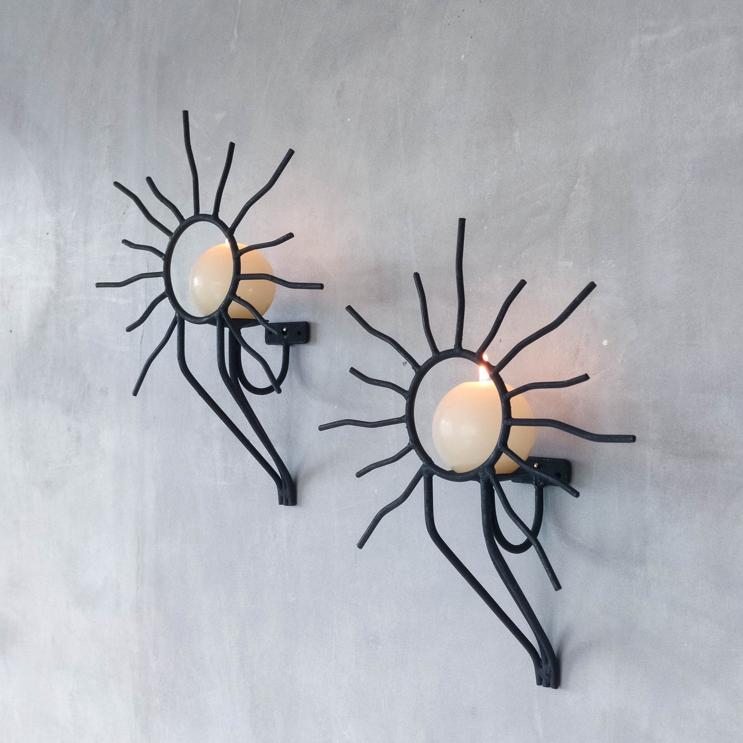 Pair of vintage black welded steel sun candle wall sconces Andre Dubreuil style
