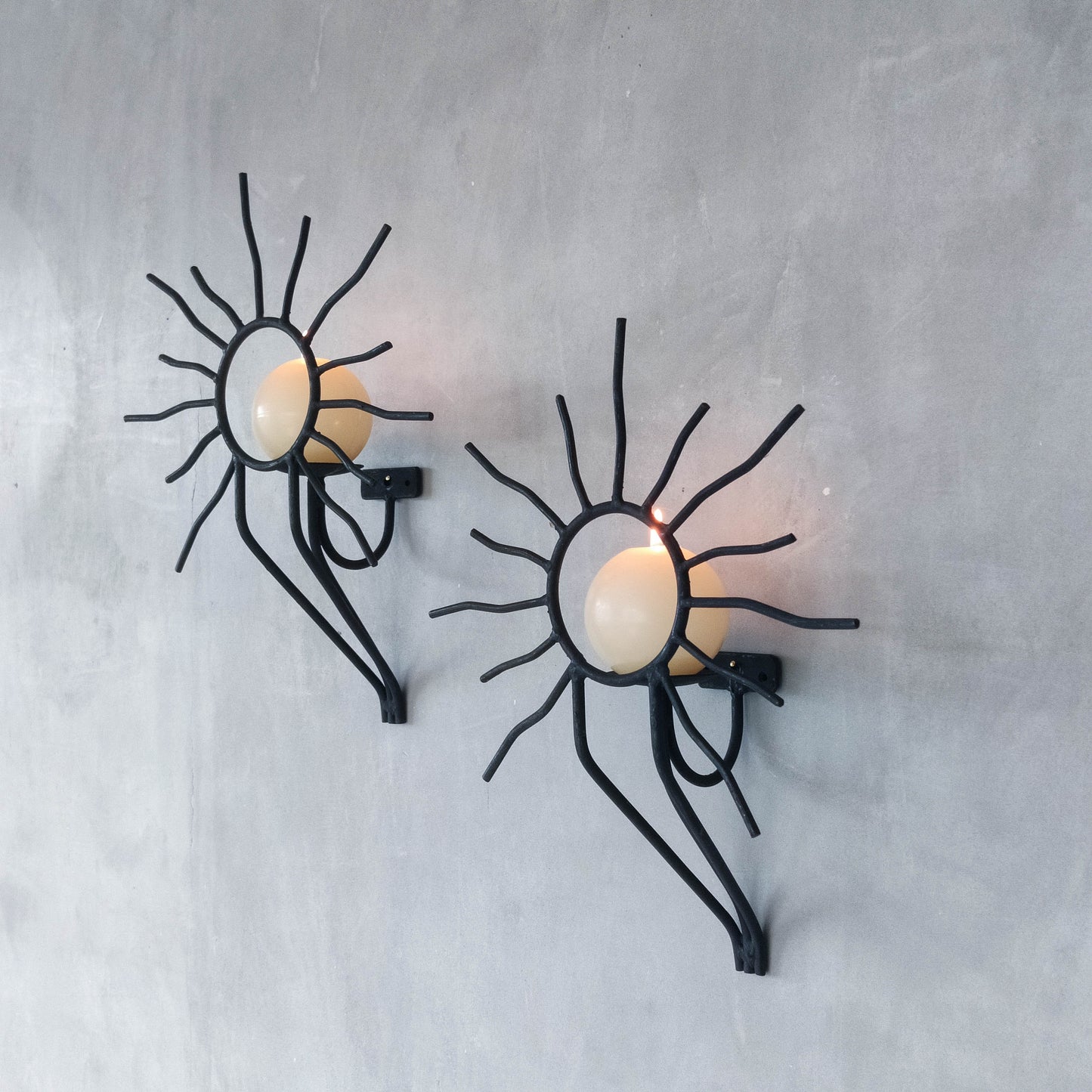 Pair of vintage black welded steel sun candle wall sconces Andre Dubreuil style