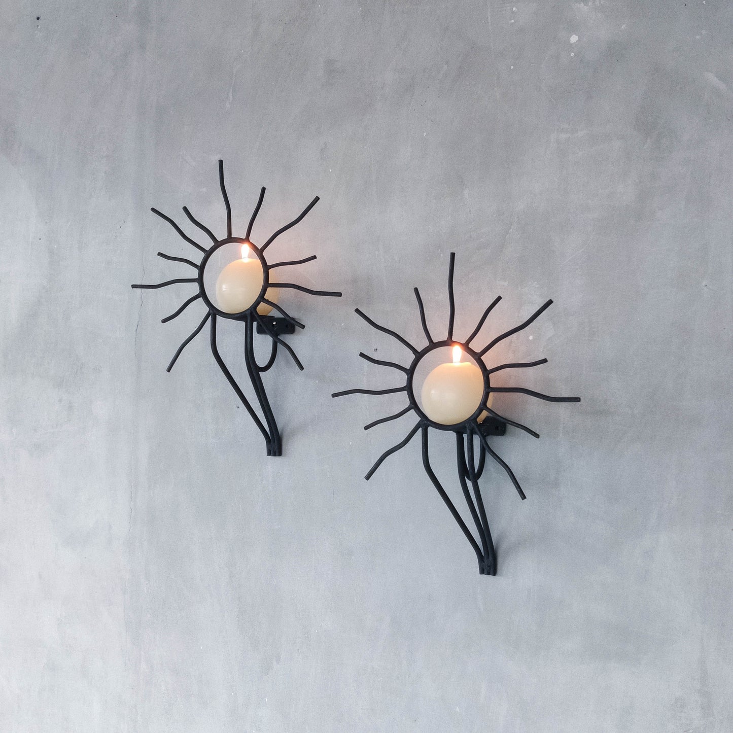 Pair of vintage black welded steel sun candle wall sconces Andre Dubreuil style