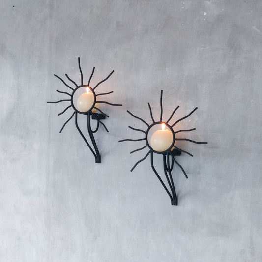 Pair of vintage black welded steel sun candle wall sconces Andre Dubreuil style