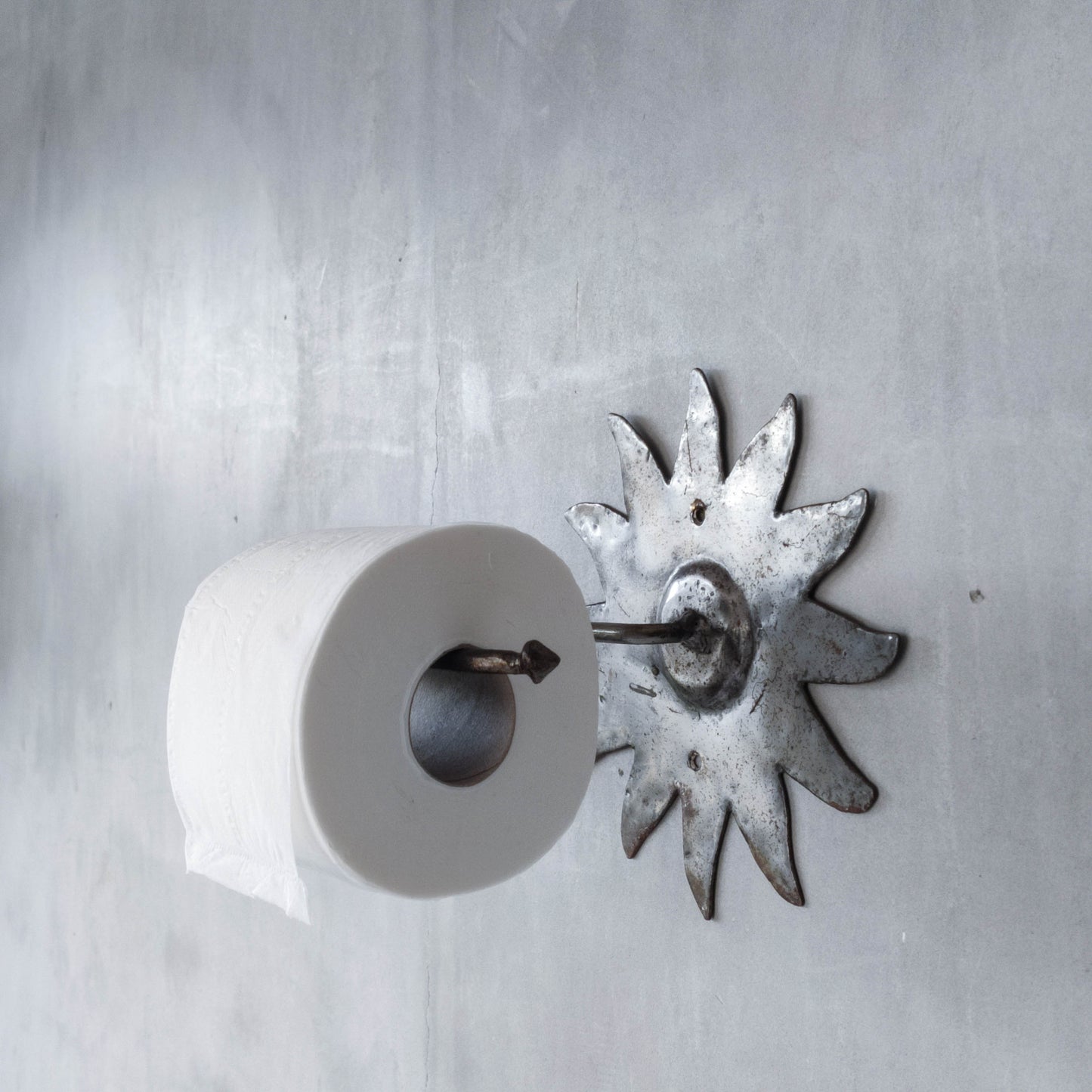 Vintage 1990s handmade artist metalwork steel cut sun toilet roll holder