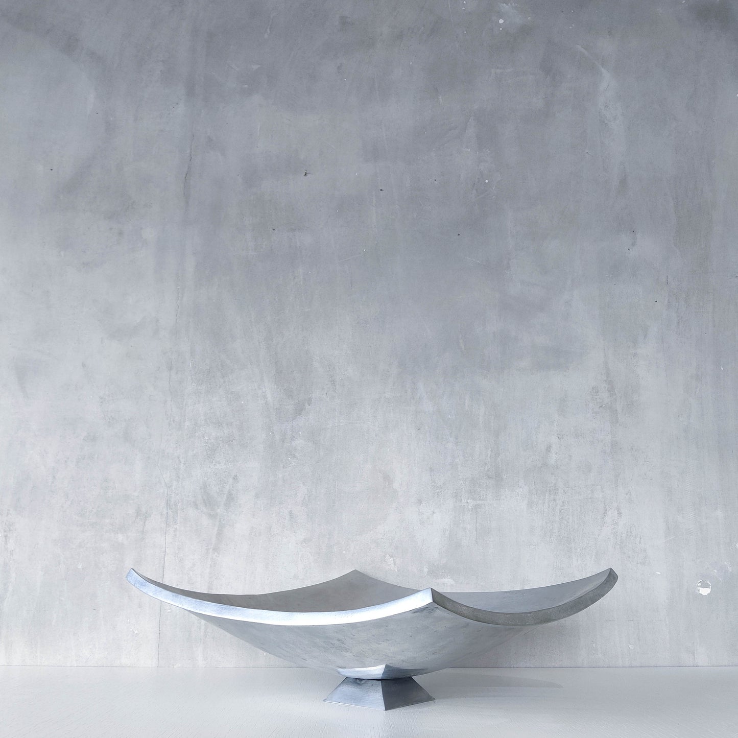 Vintage 90s cast aluminium sculptural silver large footed centerpiece fruit bowl