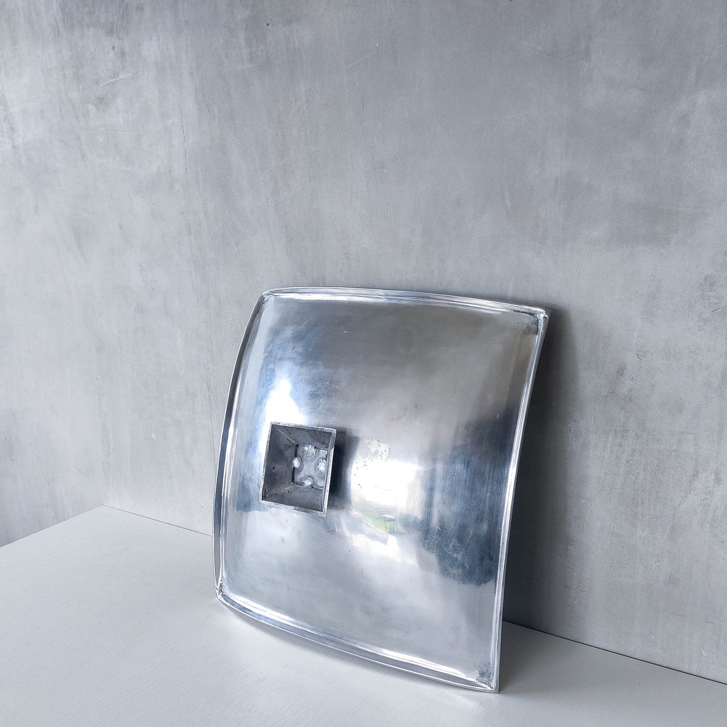 Vintage 90s cast aluminium sculptural silver large footed centerpiece fruit bowl