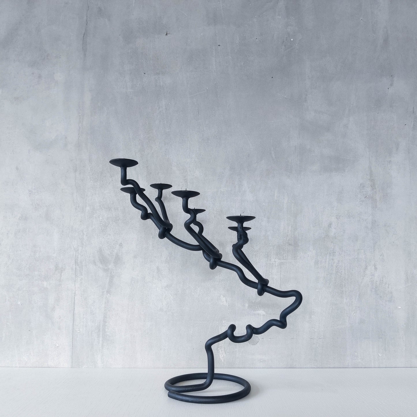 Sculptural organic large black forged twisted branch form candelabra