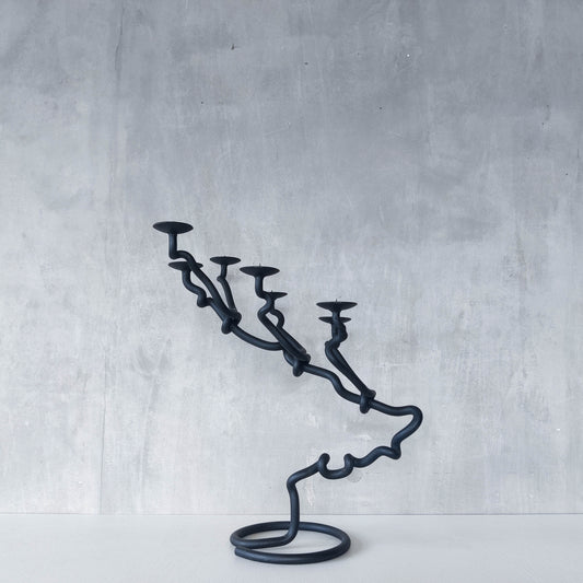 Sculptural organic large black forged twisted branch form candelabra