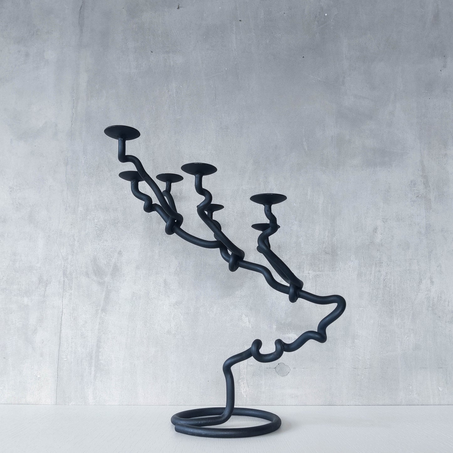 Sculptural organic large black forged twisted branch form candelabra