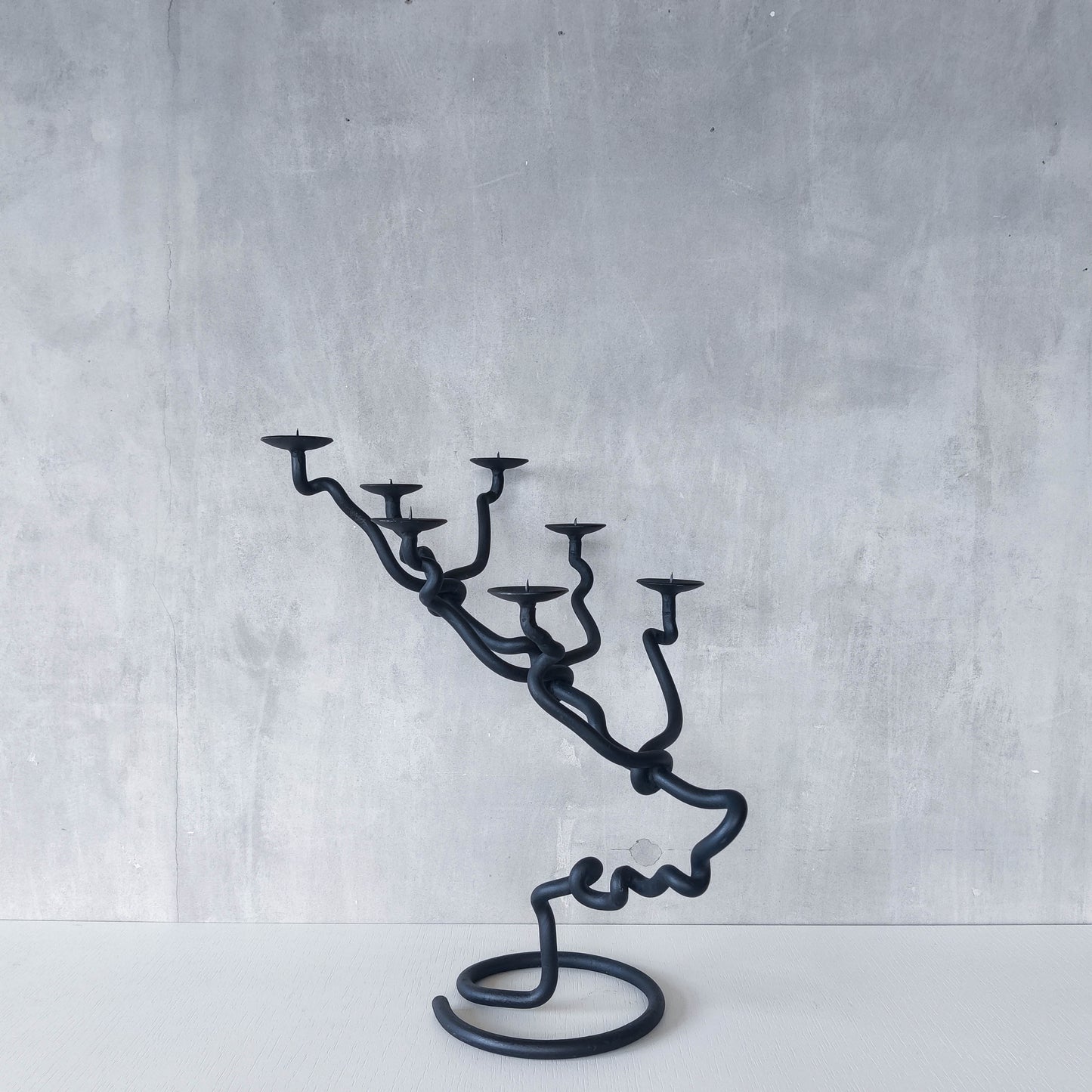 Sculptural organic large black forged twisted branch form candelabra
