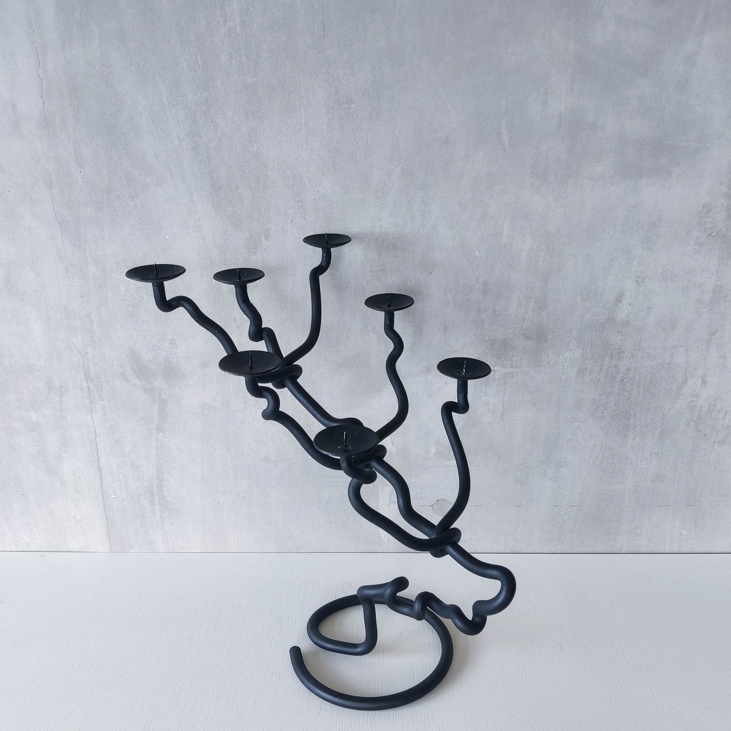 Sculptural organic large black forged twisted branch form candelabra
