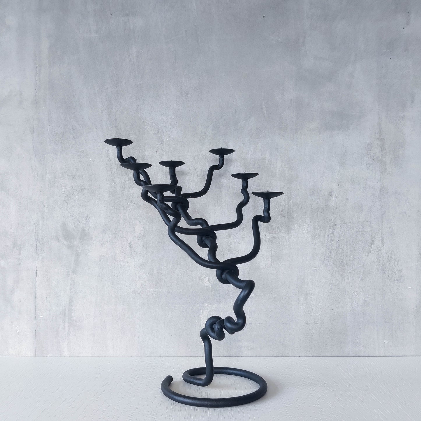 Sculptural organic large black forged twisted branch form candelabra