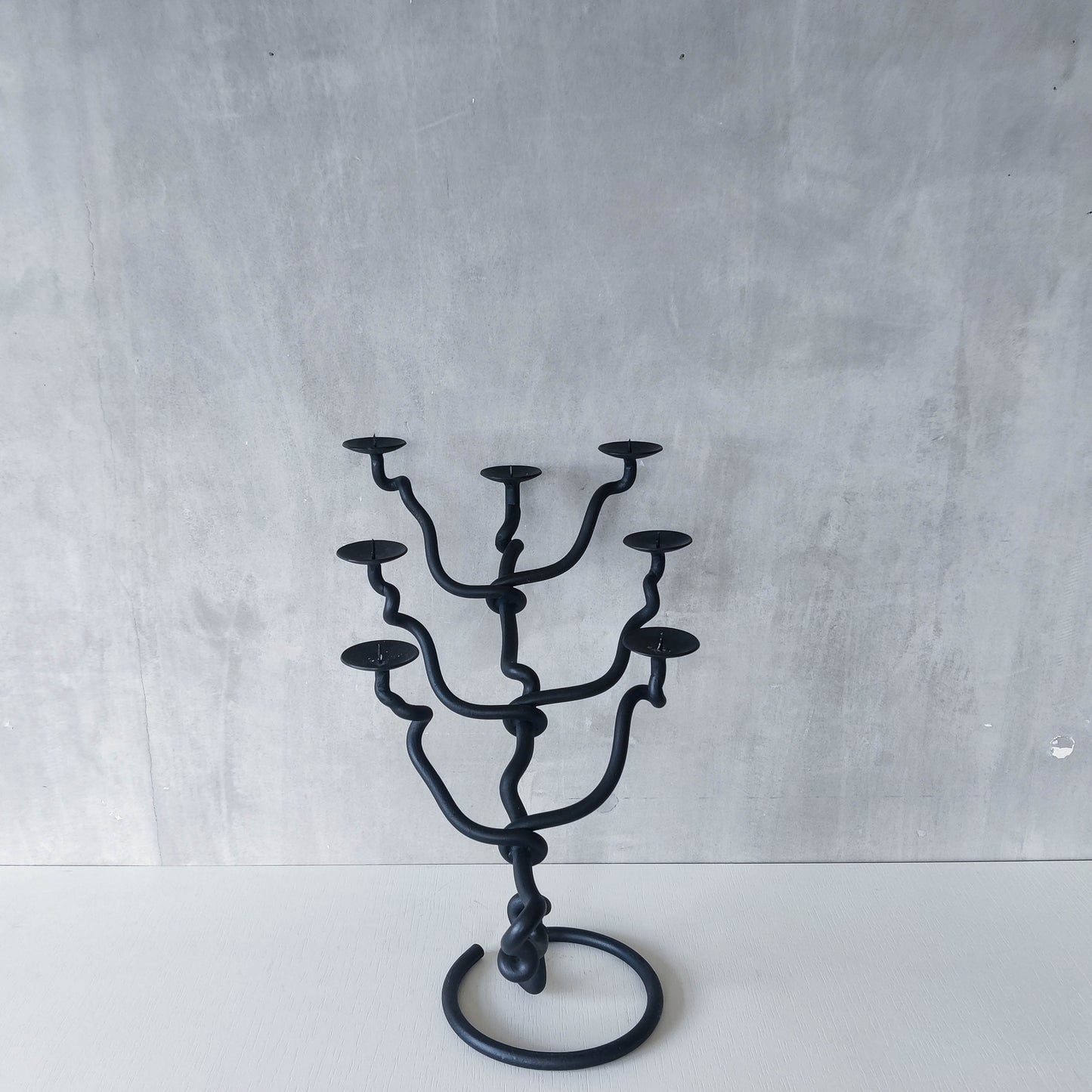 Sculptural organic large black forged twisted branch form candelabra