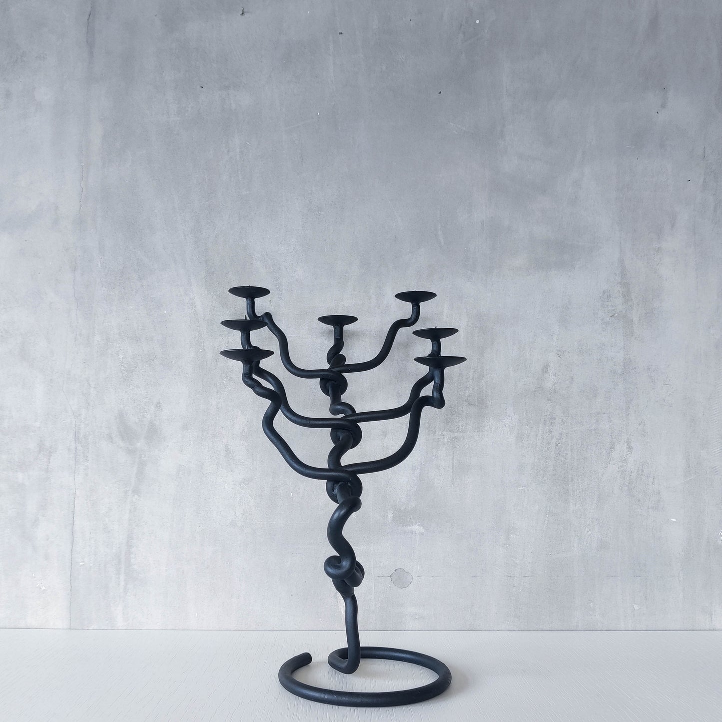 Sculptural organic large black forged twisted branch form candelabra