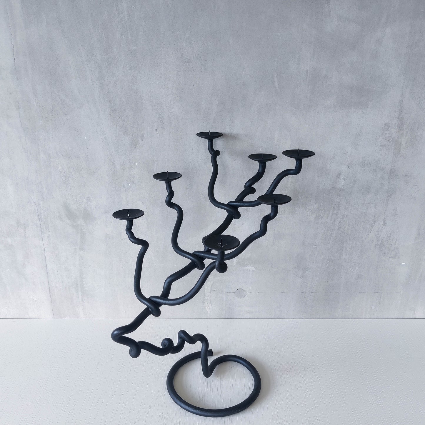 Sculptural organic large black forged twisted branch form candelabra