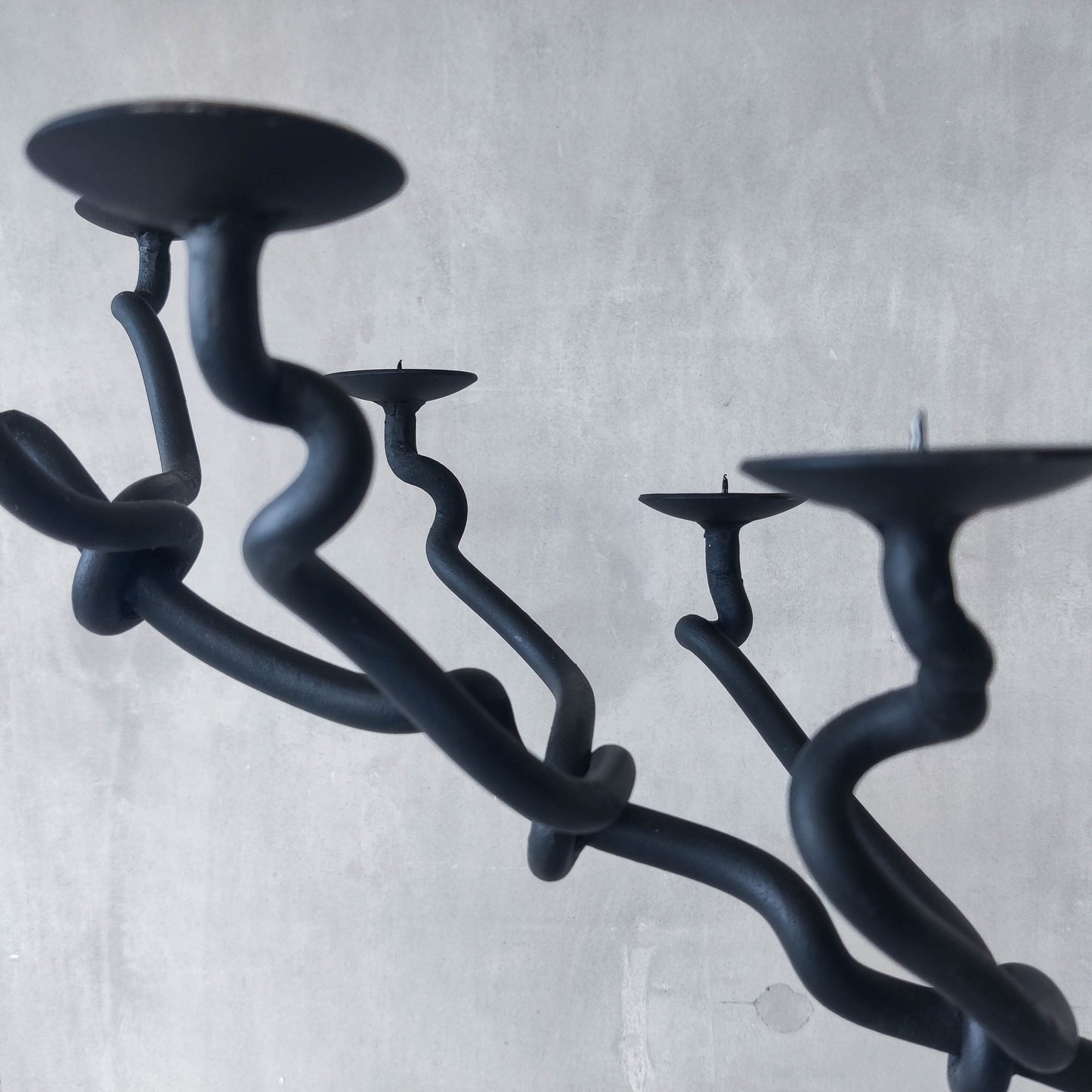 Sculptural organic large black forged twisted branch form candelabra