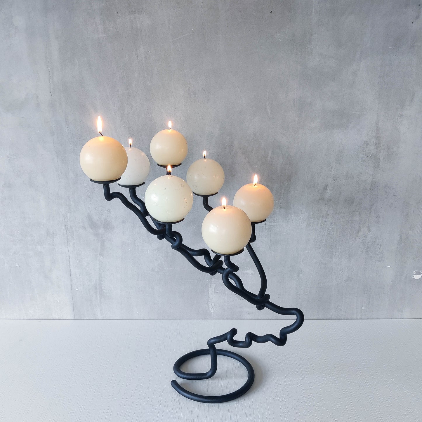 Sculptural organic large black forged twisted branch form candelabra