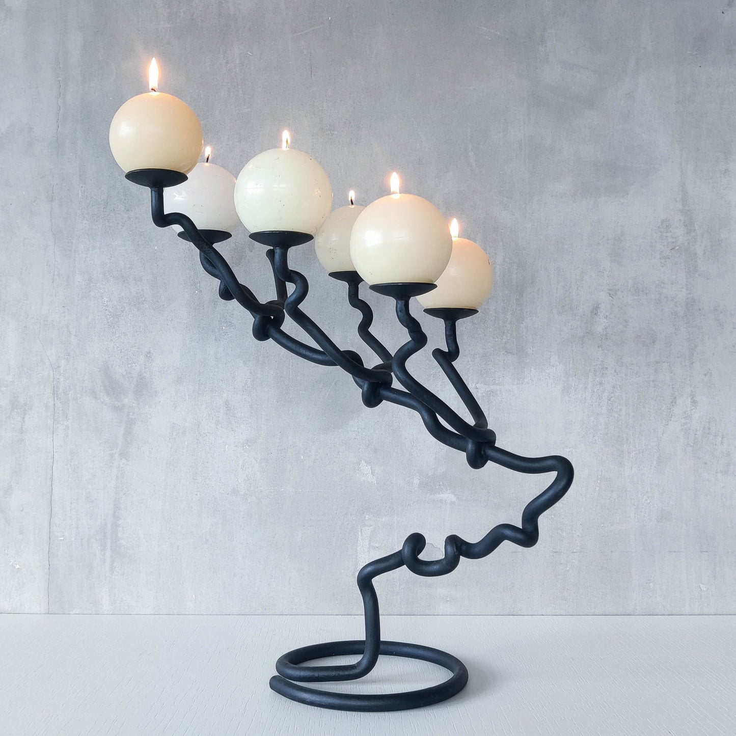 Sculptural organic large black forged twisted branch form candelabra