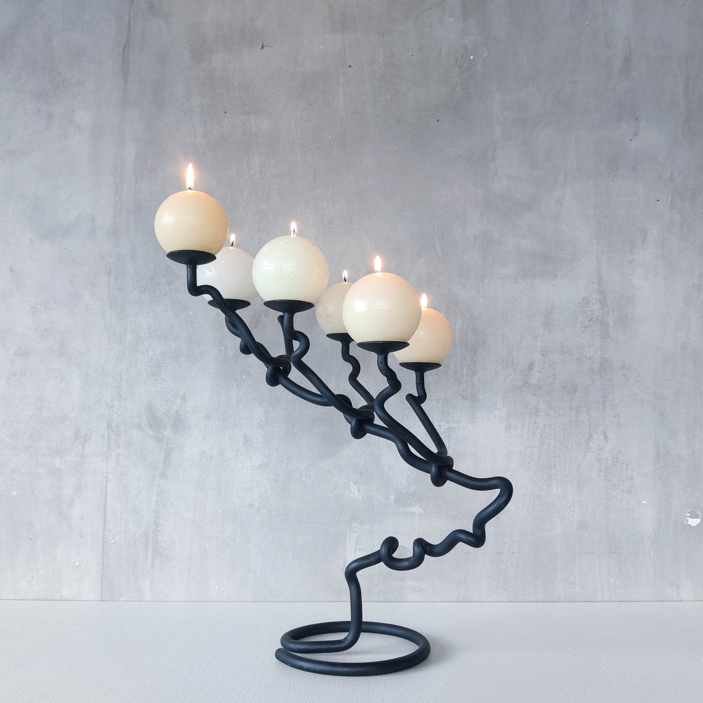 Sculptural organic large black forged twisted branch form candelabra