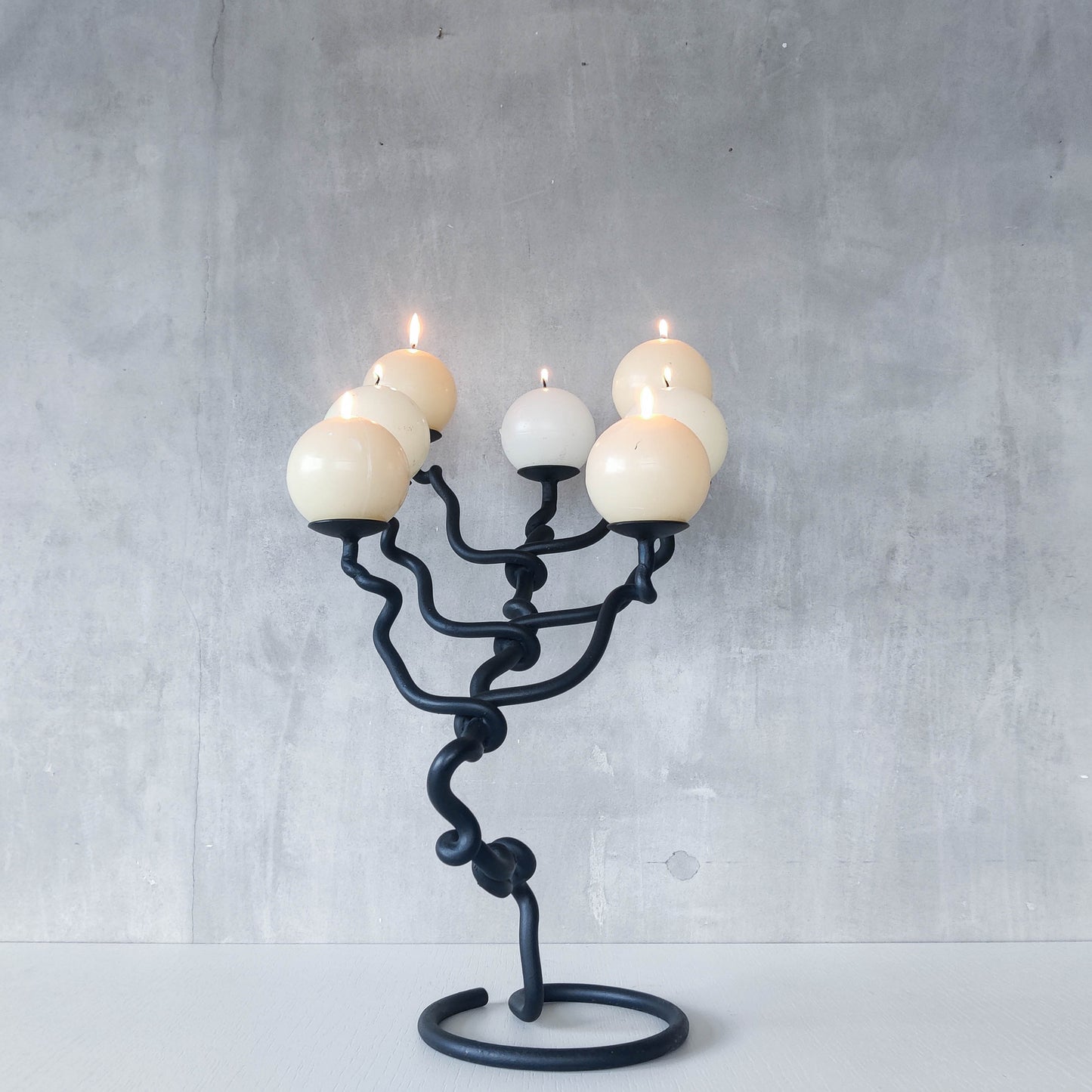 Sculptural organic large black forged twisted branch form candelabra