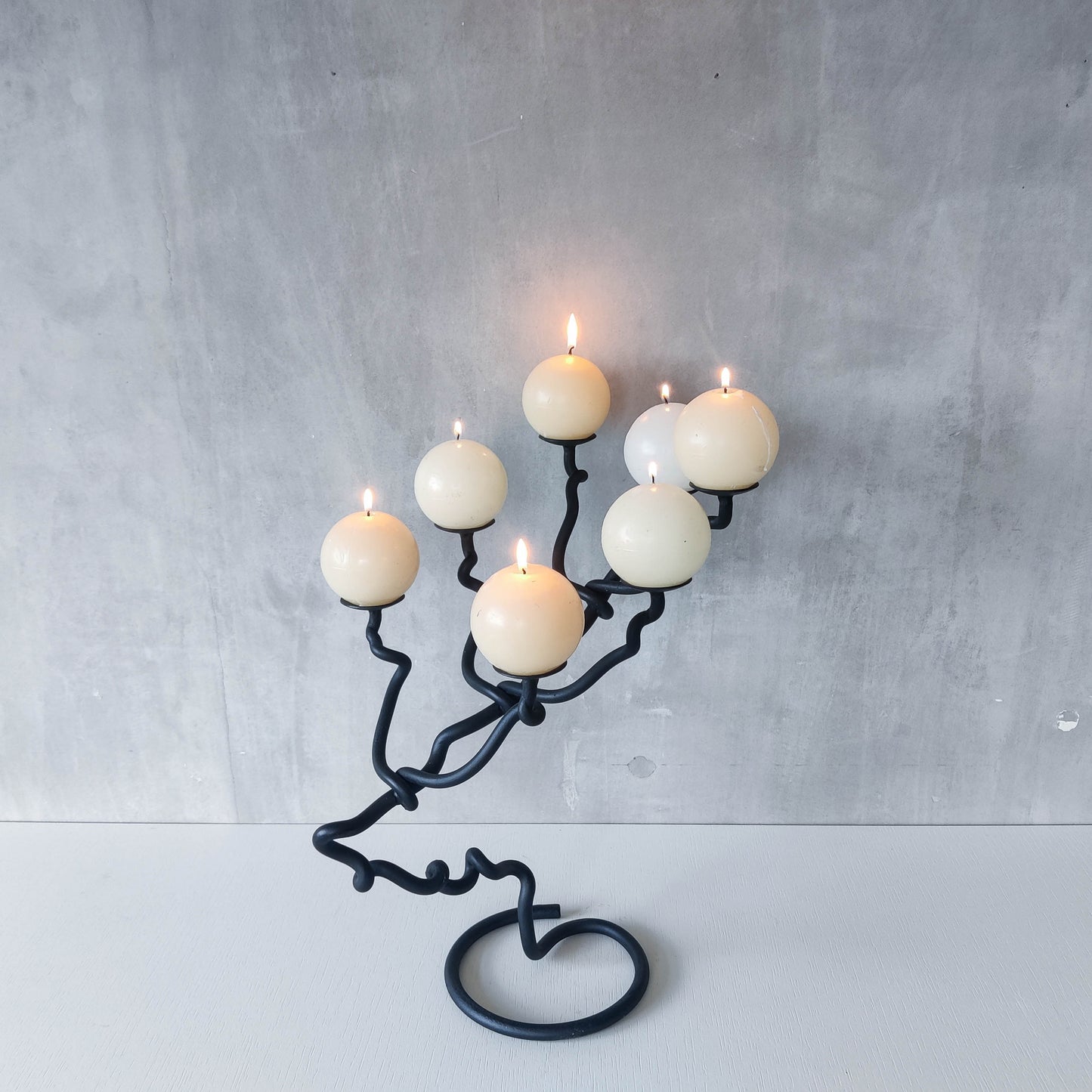 Sculptural organic large black forged twisted branch form candelabra