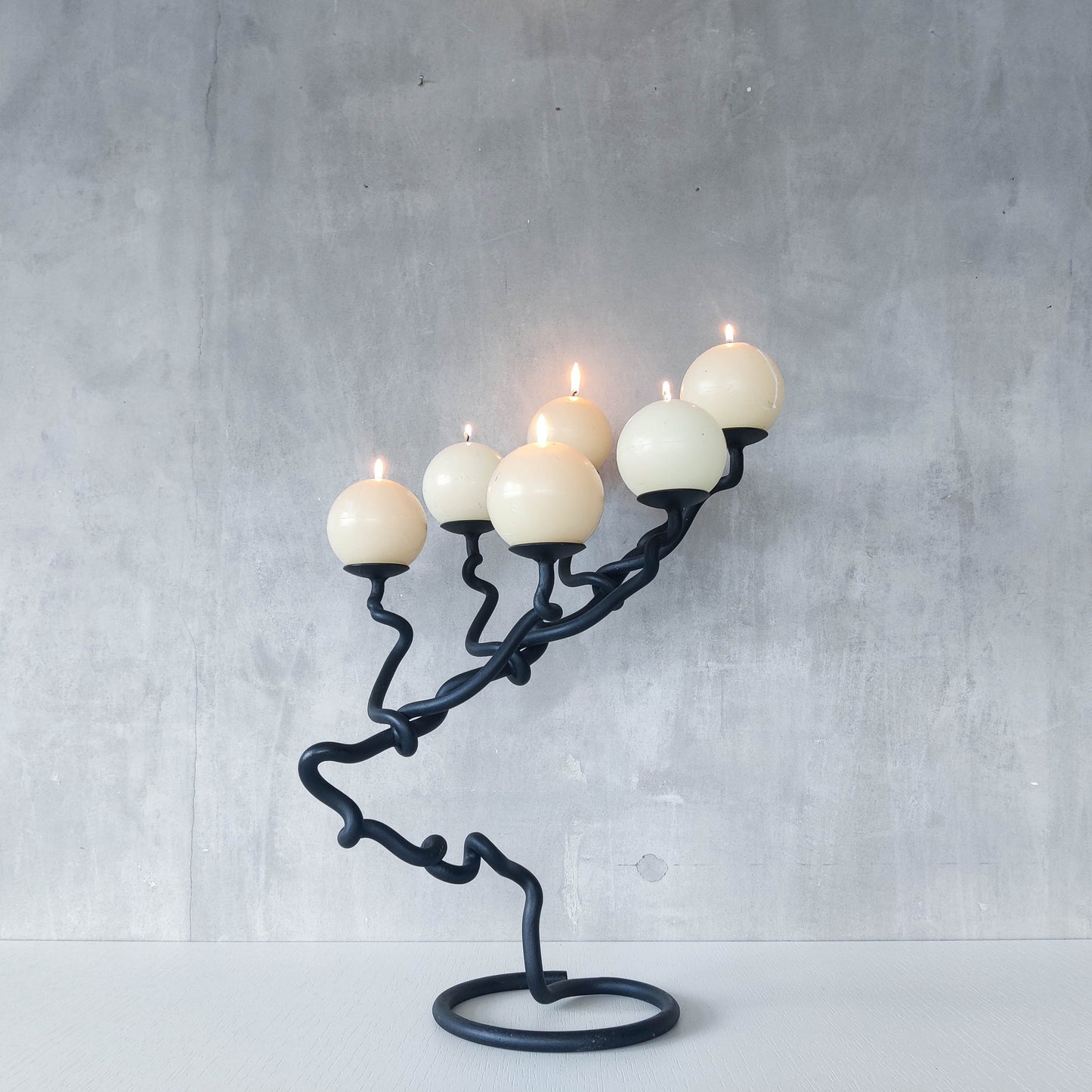 Sculptural organic large black forged twisted branch form candelabra