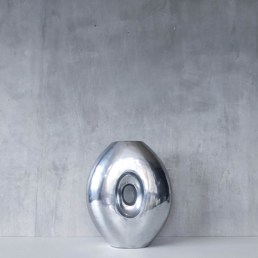Vintage large sculptural modernist hand cast aluminium oval donut vase