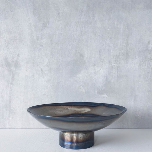 Rob Mulholland signed metalwork artisan handmade torched steel footed fruit bowl