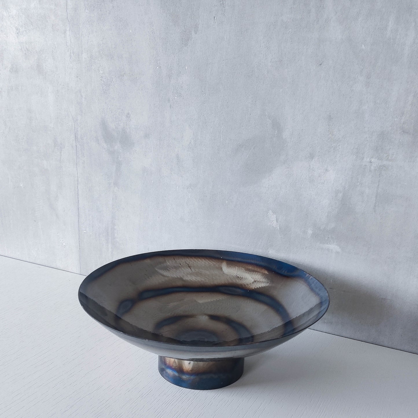 Rob Mulholland signed metalwork artisan handmade torched steel footed fruit bowl