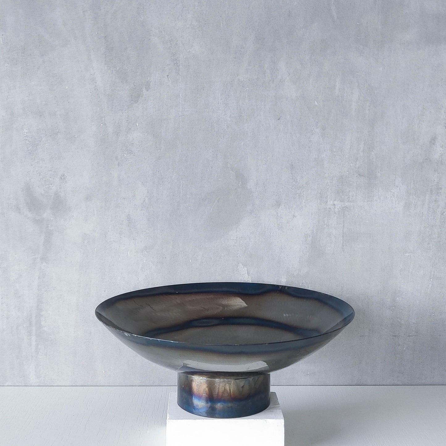 Rob Mulholland signed metalwork artisan handmade torched steel footed fruit bowl