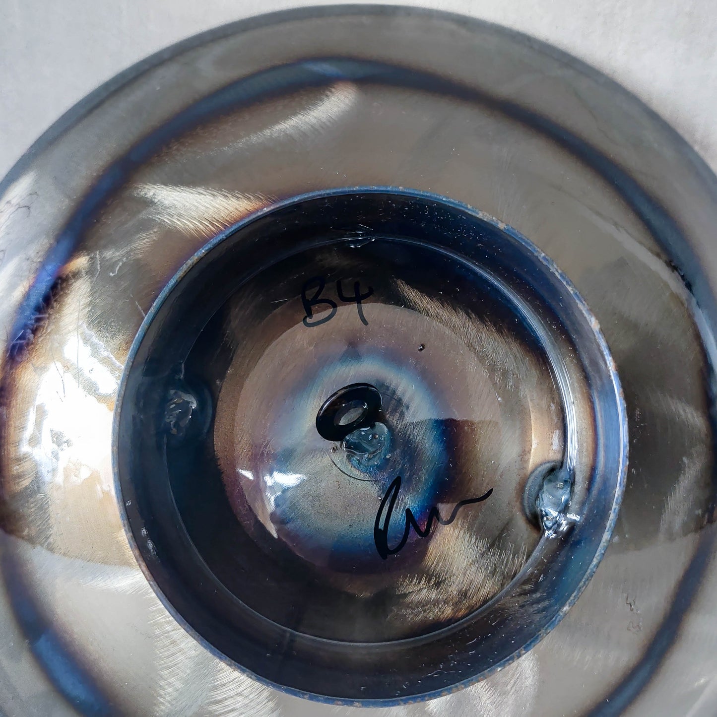 Rob Mulholland signed metalwork artisan handmade torched steel footed fruit bowl