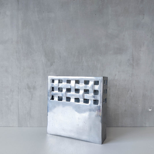 Vintage 00s hand cast aluminium lattice basket weave magazine rack holder