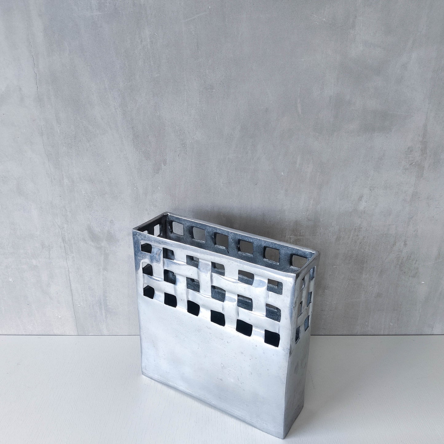 Vintage 00s hand cast aluminium lattice basket weave magazine rack holder