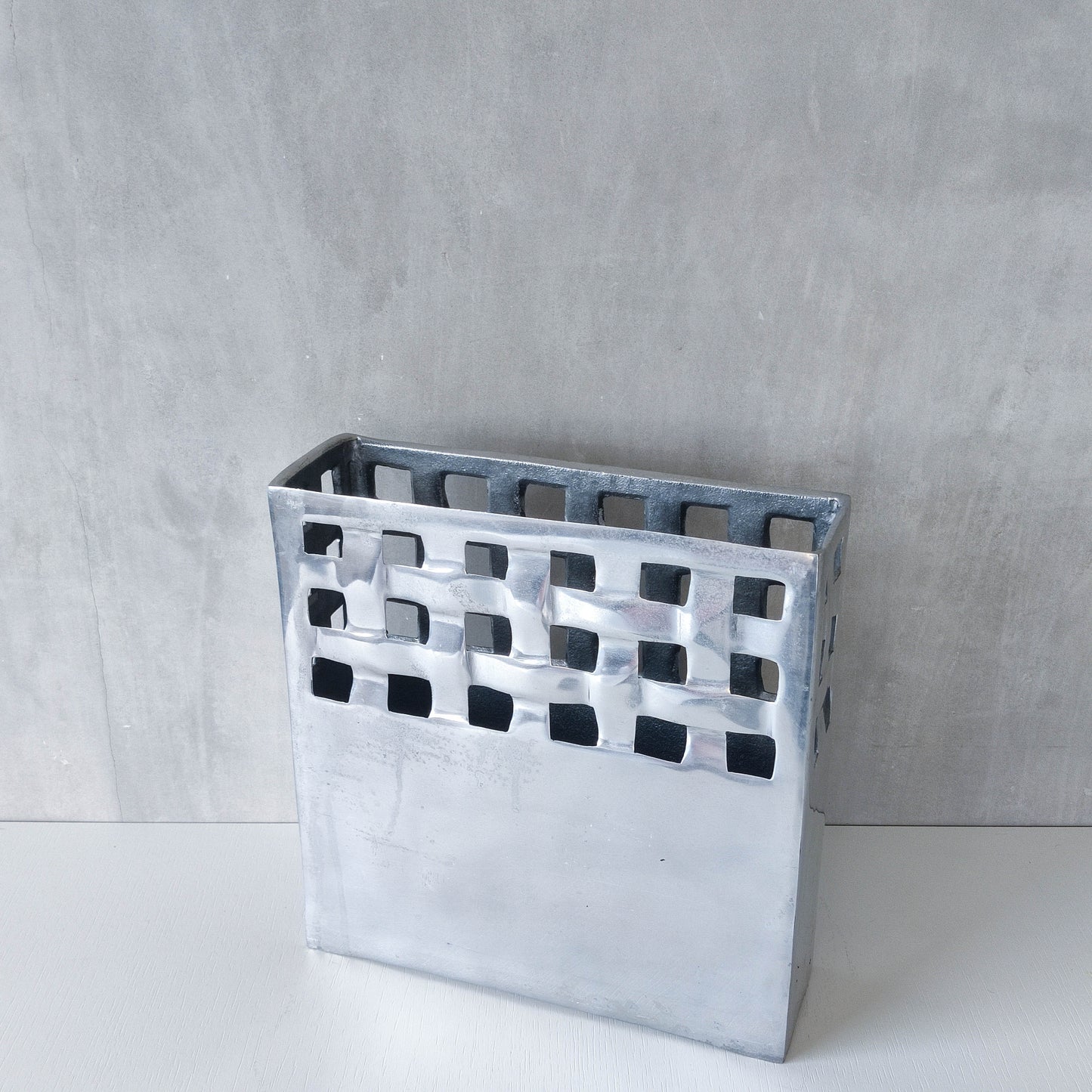 Vintage 00s hand cast aluminium lattice basket weave magazine rack holder