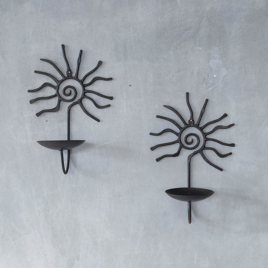 Pair of vintage 90s welded steel sun ray spiral swirl candle wall sconces