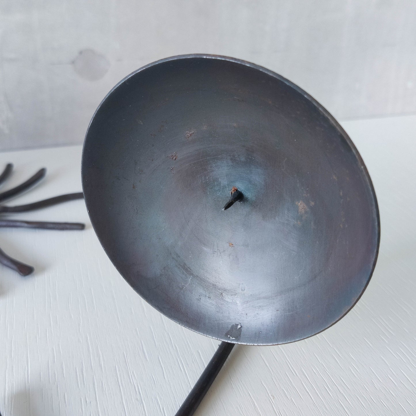 Pair of vintage 90s welded steel sun ray spiral swirl candle wall sconces