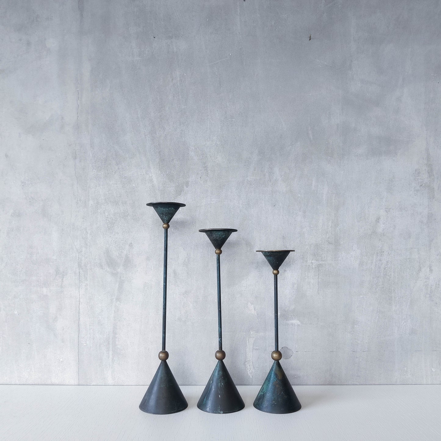 Trio of vintage 90s Christian De Beaumont style postmodern metal candle holders