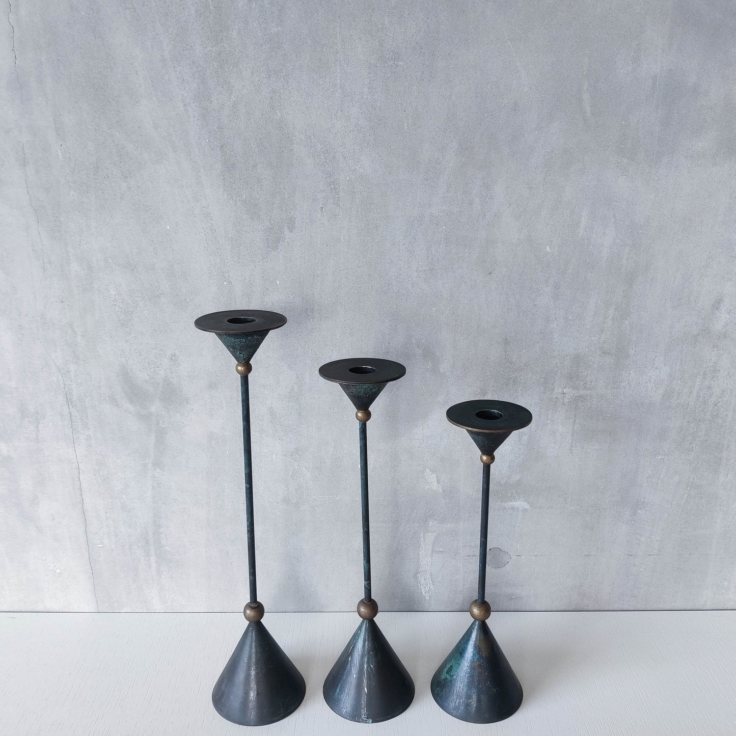 Trio of vintage 90s Christian De Beaumont style postmodern metal candle holders