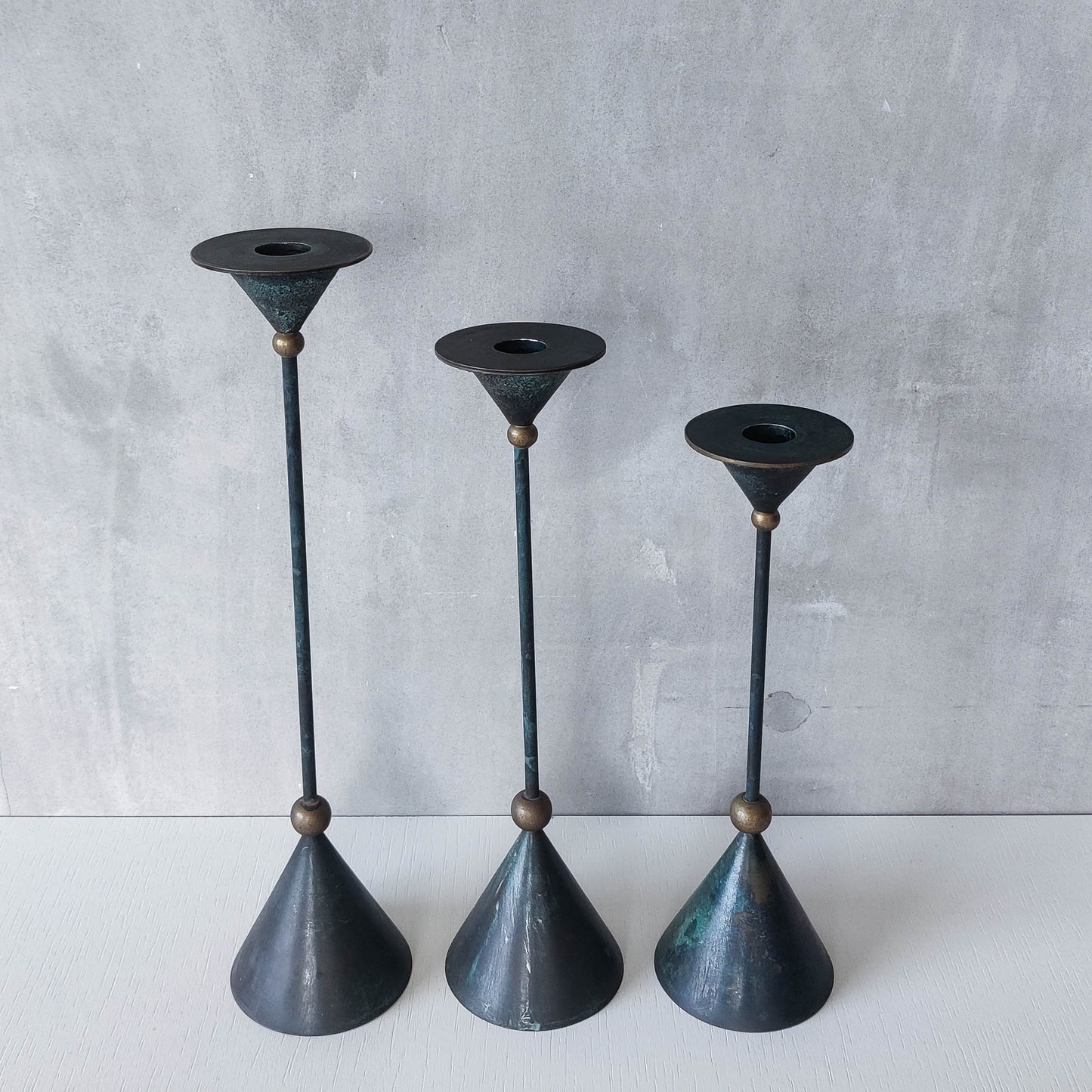 Trio of vintage 90s Christian De Beaumont style postmodern metal candle holders
