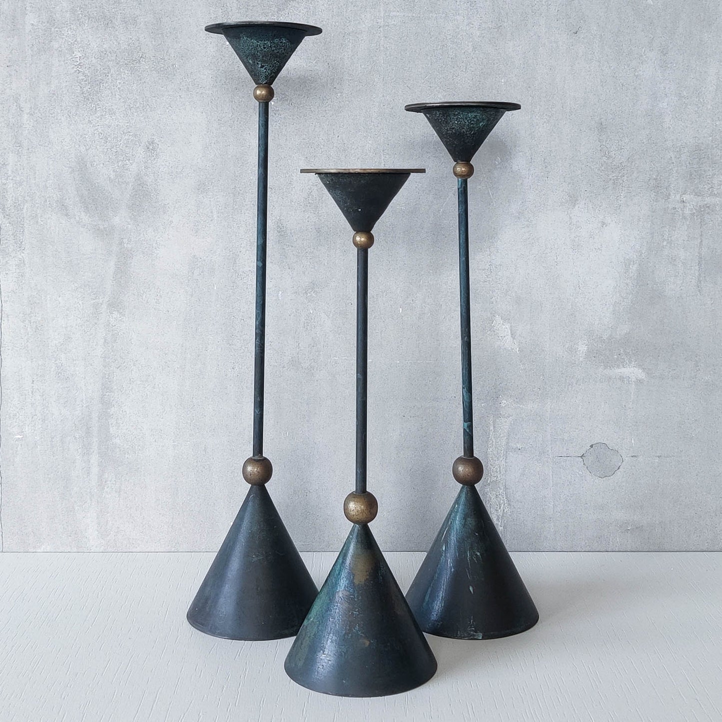 Trio of vintage 90s Christian De Beaumont style postmodern metal candle holders