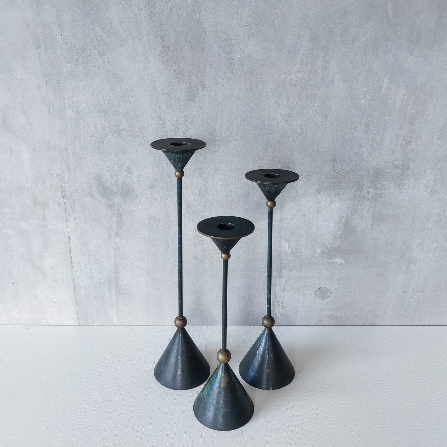 Trio of vintage 90s Christian De Beaumont style postmodern metal candle holders