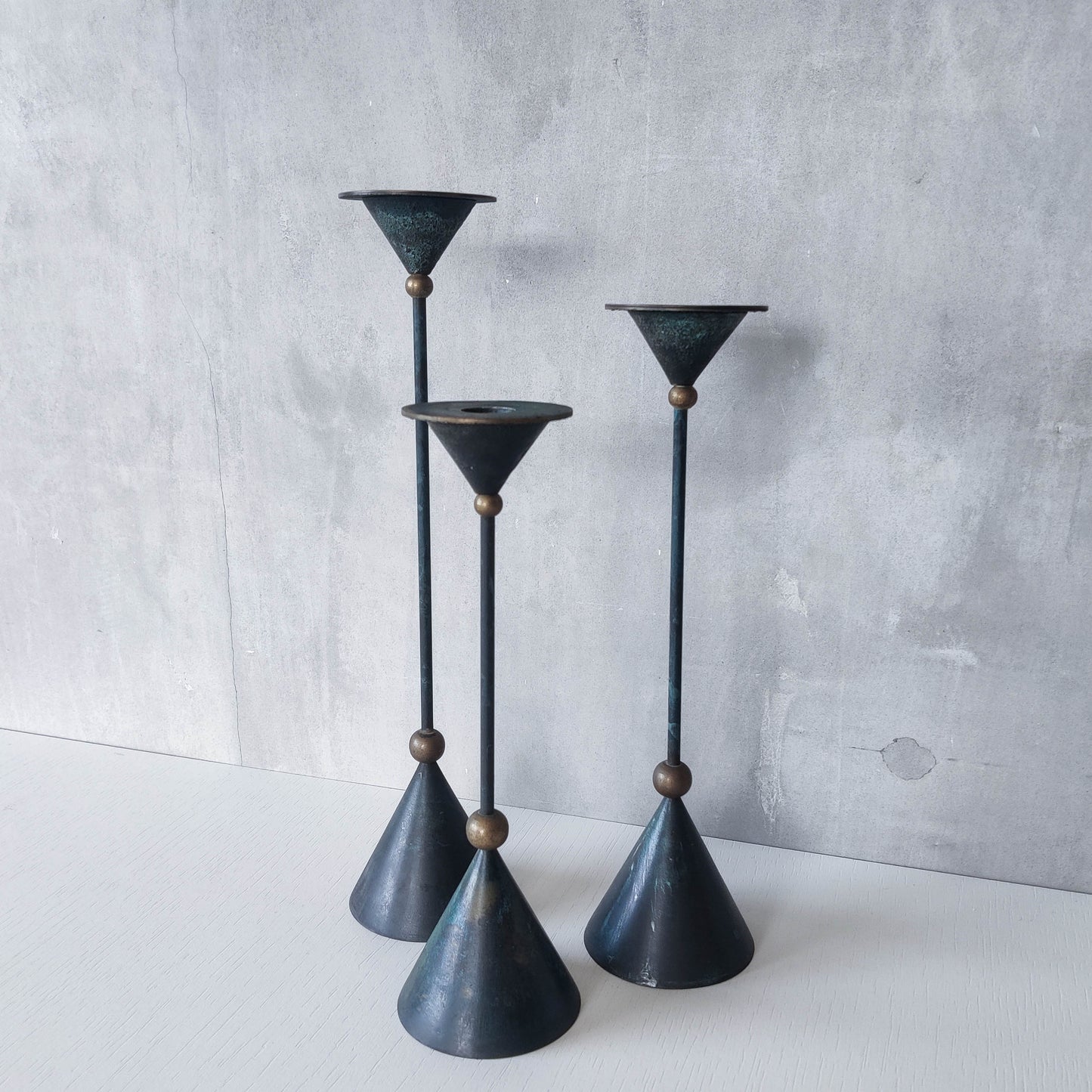 Trio of vintage 90s Christian De Beaumont style postmodern metal candle holders