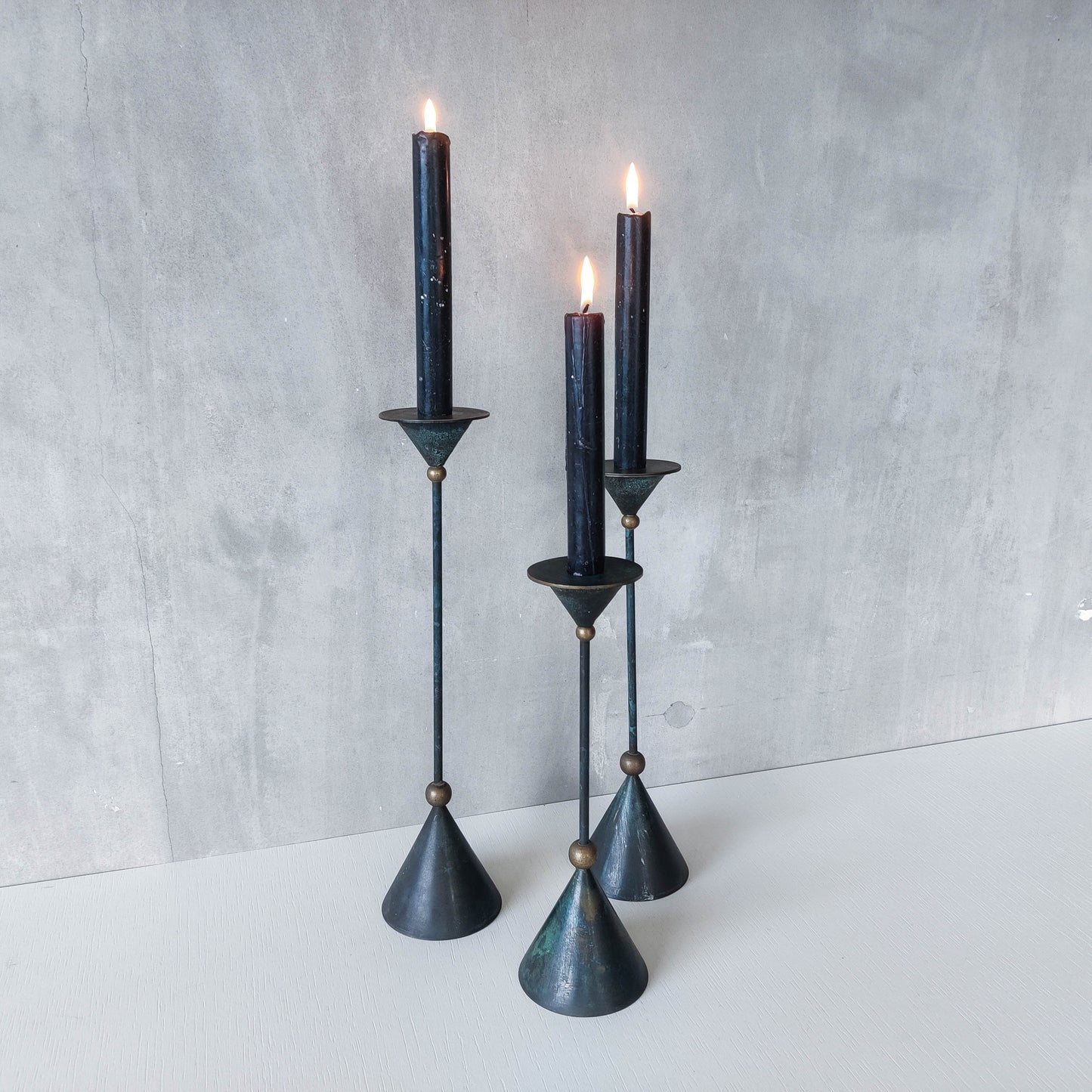 Trio of vintage 90s Christian De Beaumont style postmodern metal candle holders
