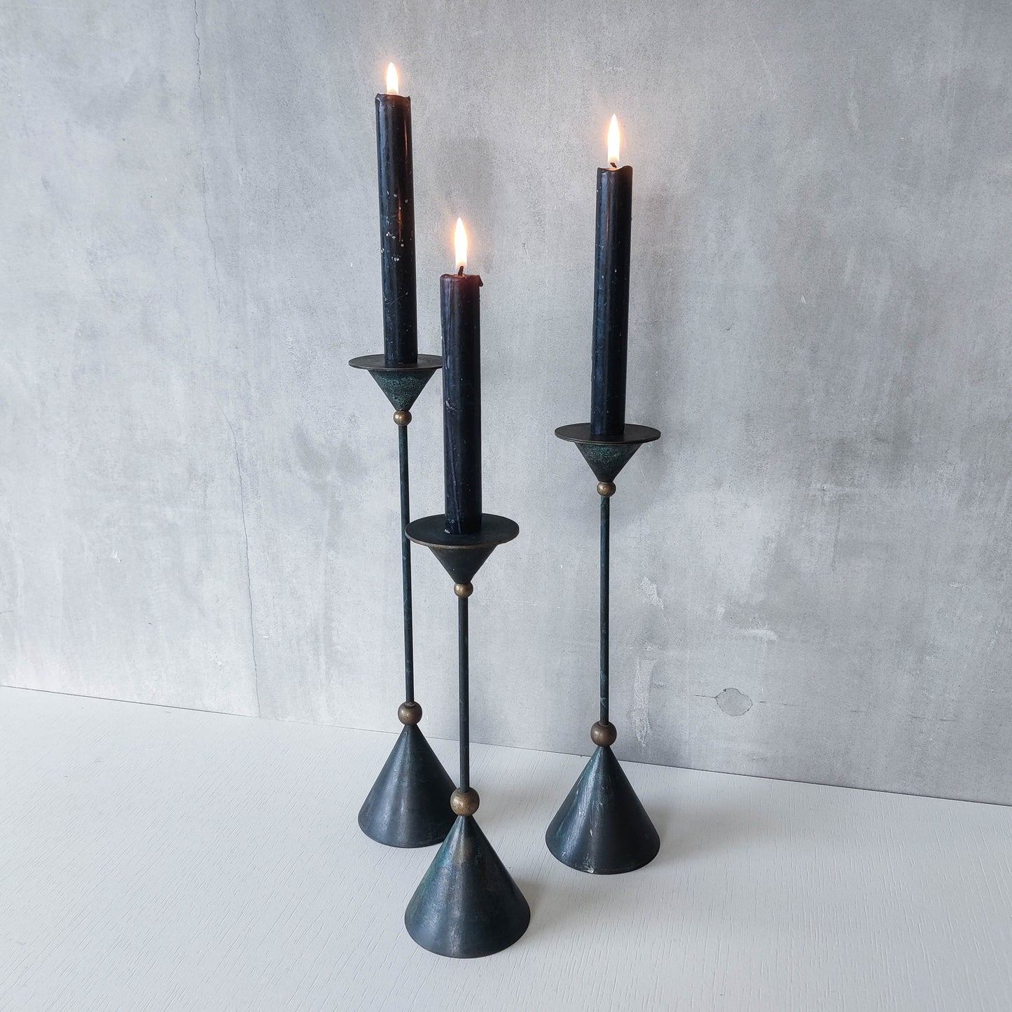Trio of vintage 90s Christian De Beaumont style postmodern metal candle holders