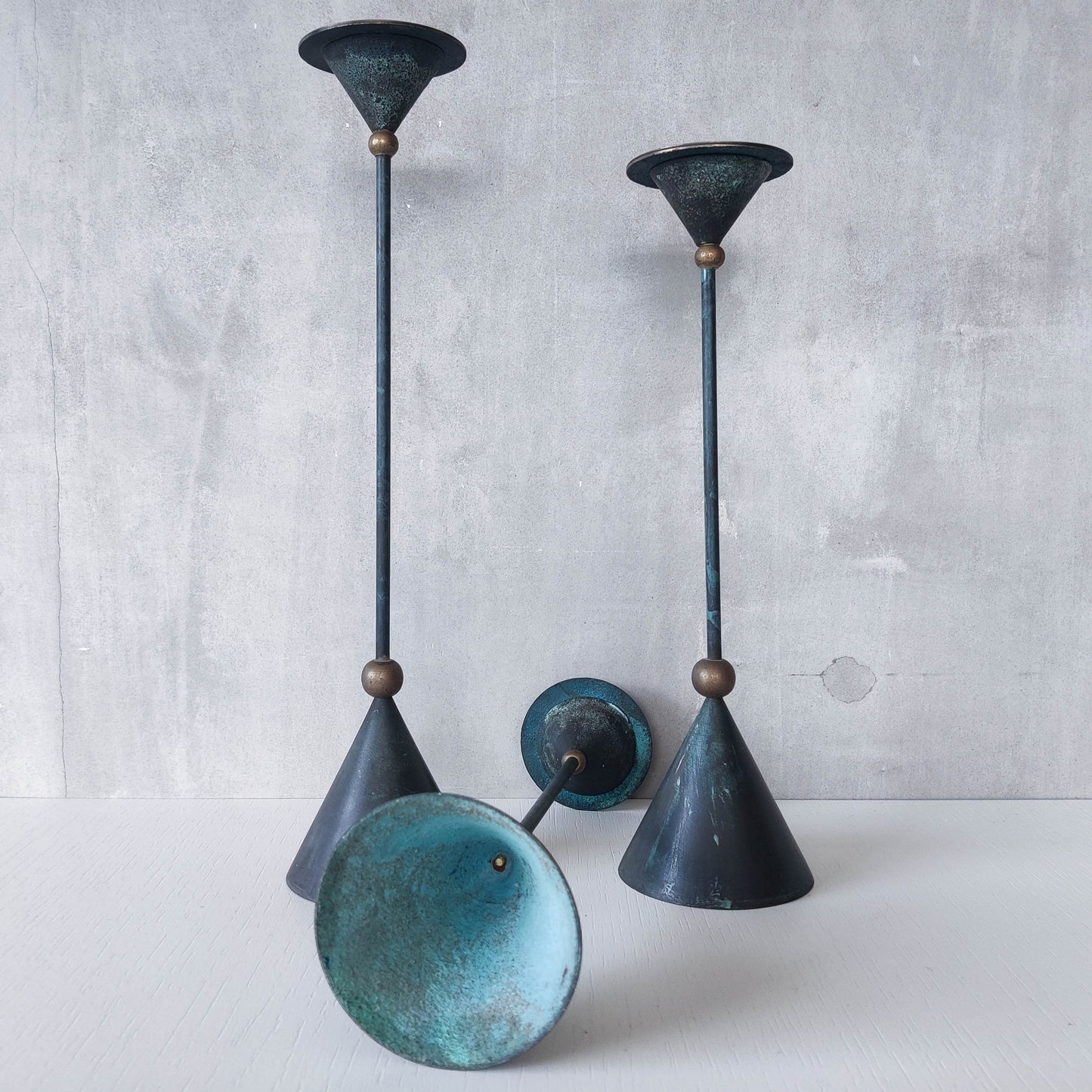 Trio of vintage 90s Christian De Beaumont style postmodern metal candle holders