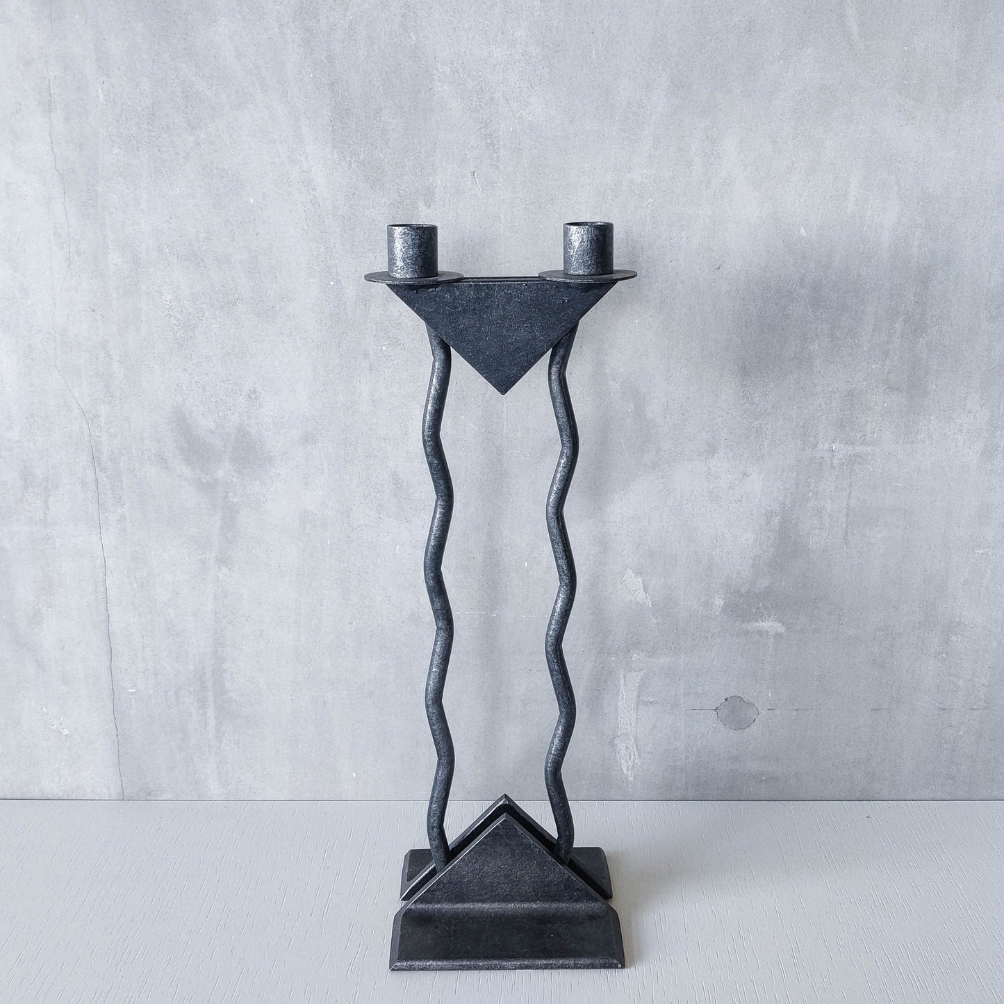 Vintage postmodern 1980s Alfrank welded steel scumbled grey sculptural column candle holder