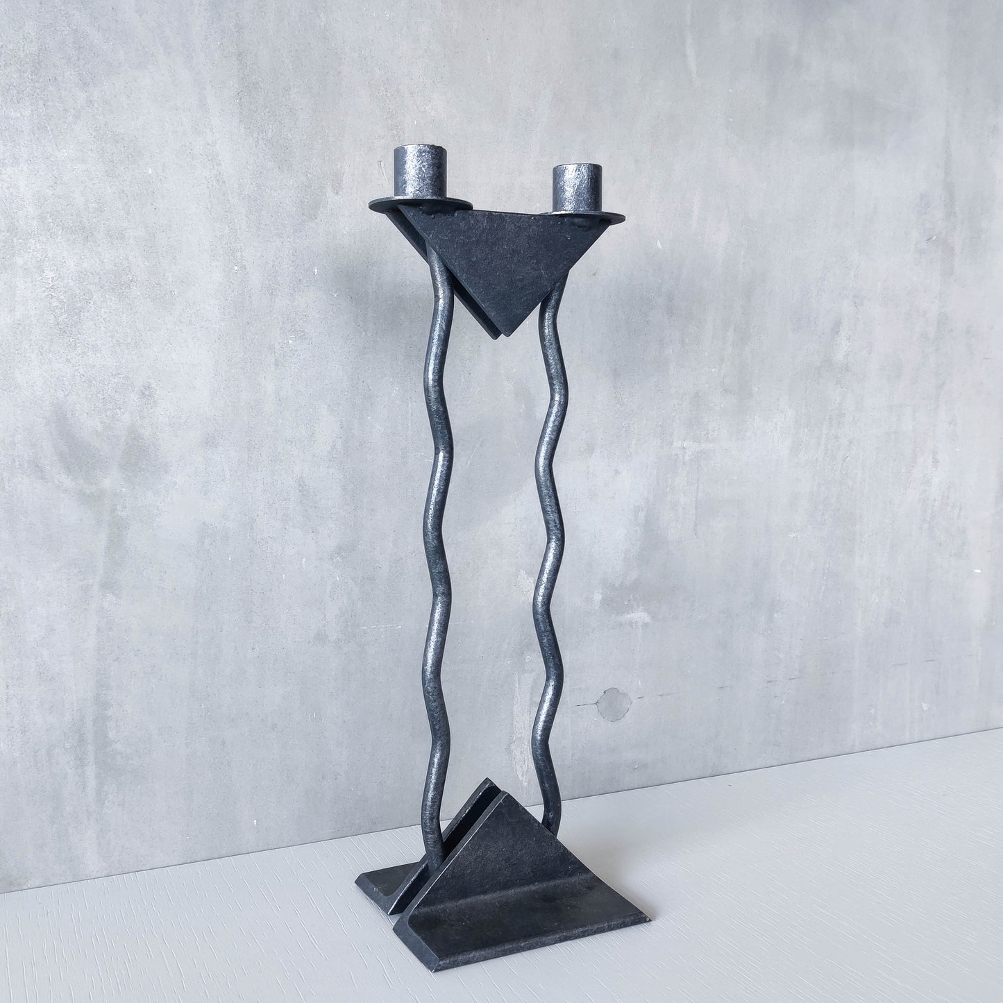 Vintage postmodern 1980s Alfrank welded steel scumbled grey sculptural column candle holder