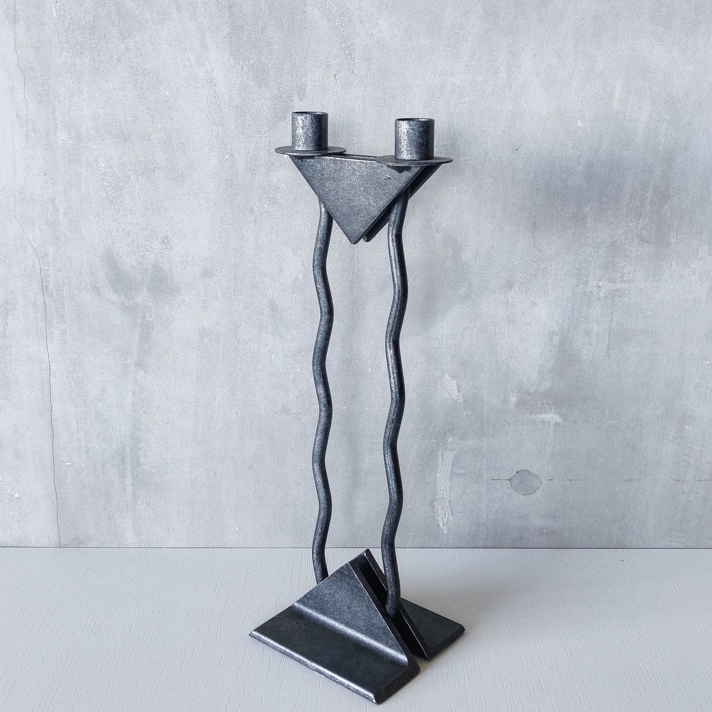 Vintage postmodern 1980s Alfrank welded steel scumbled grey sculptural column candle holder