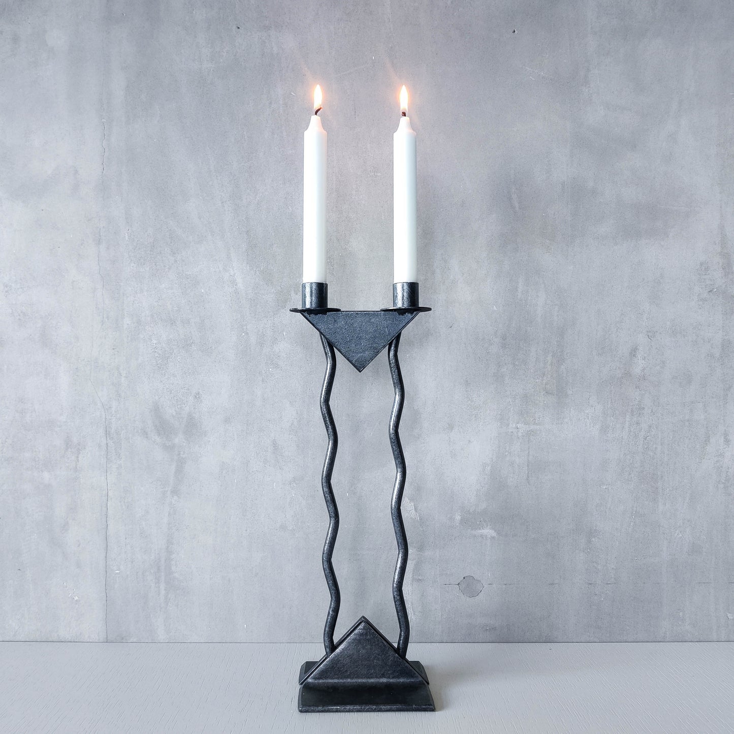 Vintage postmodern 1980s Alfrank welded steel scumbled grey sculptural column candle holder