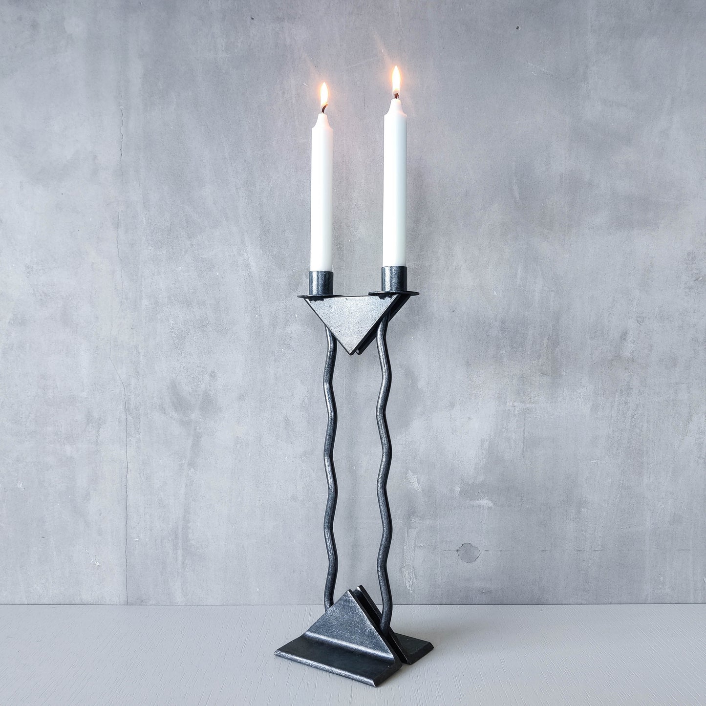 Vintage postmodern 1980s Alfrank welded steel scumbled grey sculptural column candle holder