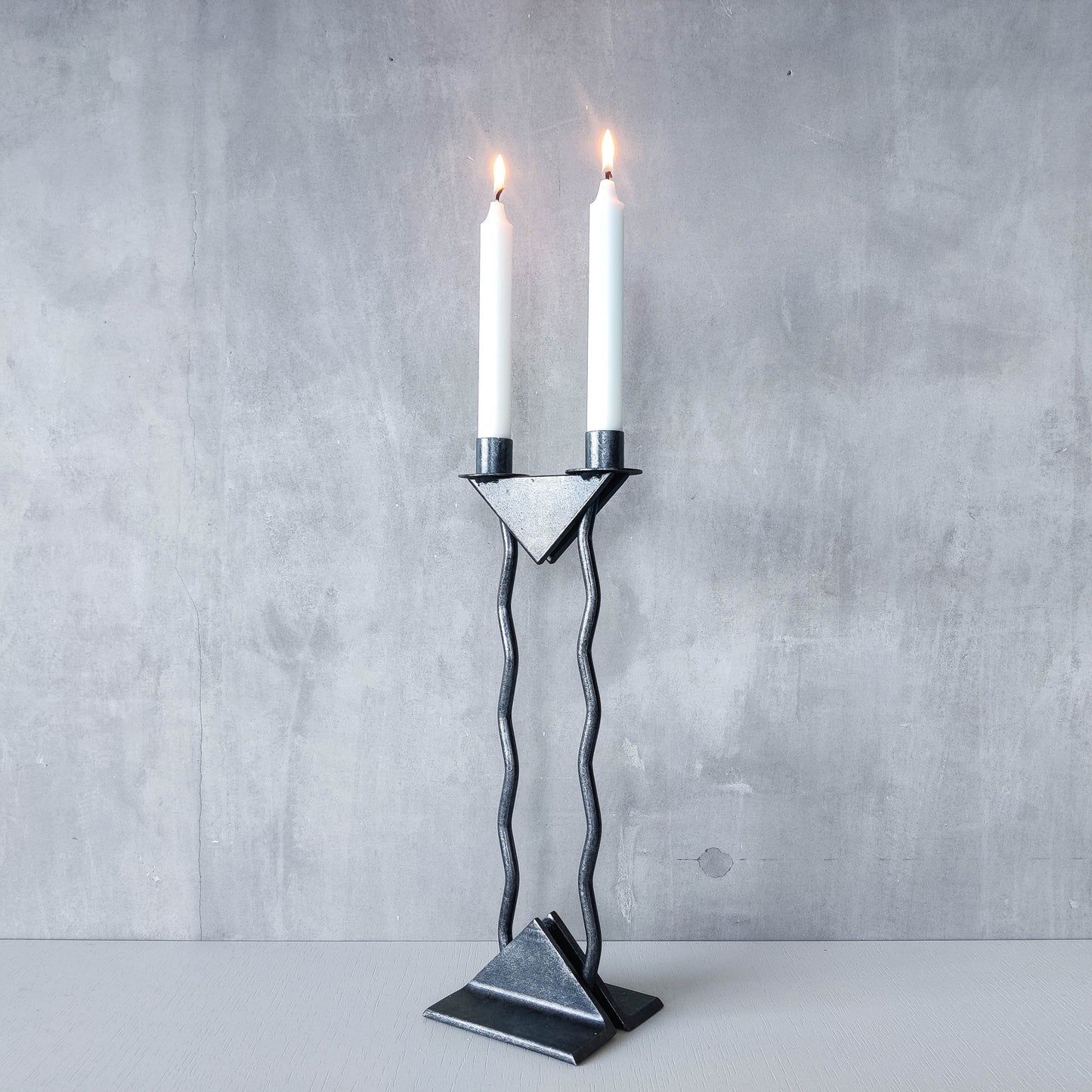 Vintage postmodern 1980s Alfrank welded steel scumbled grey sculptural column candle holder