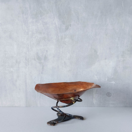 Artisan made copper metalwork conical footed bowl with twisted steel base signed